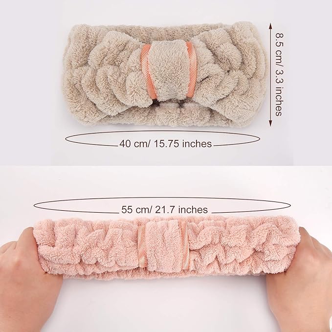 WILLBOND 4 Pack Microfiber Headbands Spa Facial Headbands Makeup Head bands Elastic Terry Cloth Head Wrap for Women Girls Washing Face Makeup Shower Yoga Sports(Coffee, Khaki, Pink and White)