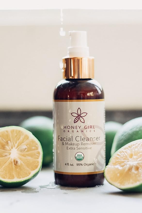 Honey Girl Organics USDA Certified Organic Facial Cleanser and Makeup Remover Extra Sensitive w/Beeswax. Naturally contains Pollen, Propolis, Royal Jelly. 4 Fl Oz