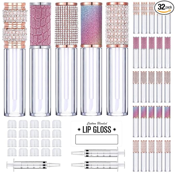 AMORIX 25 Pack Diamond Lip Gloss Tubes with Wand 5ml Empty Rhinestone Lip Gloss Containers Cute Lipgloss Bottles Crystal Lip Gloss Supplies Kit + 2pcs Syringes + Labels for DIY Lip Gloss Base