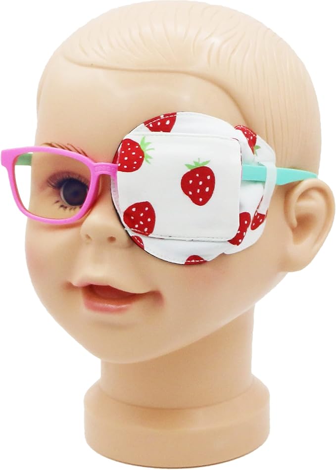Astropic 3D Cotton & Silk Eye Patch for Kids | Girls Eye Patch for Glasses | Medical Eyepatch for Children with Lazy Eye (Strawberry, Left Eye)