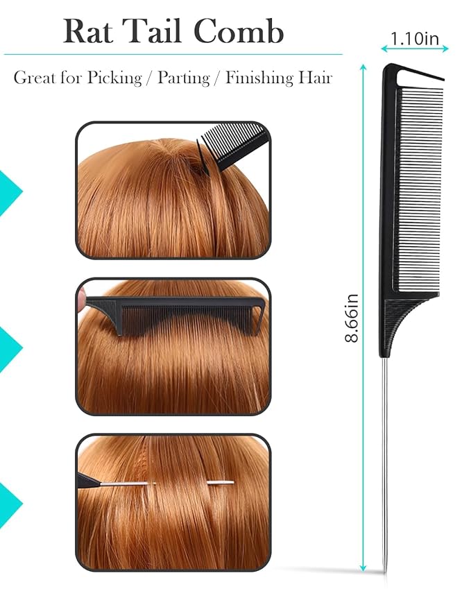Peach Wood Boar Bristle Slick Back Hair Brush & Rat Tail Comb Set - Controls Frizz, Smooths Flyaways, Restores Shine - Creates Sleek Ponytails, Buns & Edge Control, Teasing for Women & Kids
