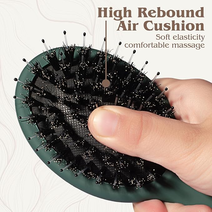 Mini Boar Bristle Hair Brush - Boar & Nylon Bristle Small Brush for Women Kids Long Short Hair to Smooth Add Shine - Travel Size Hair Brush for Purse,Pocket, Green