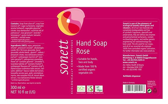 Sonett Organic Hand Soap Liquid Rose body care suitable For hands, face and body (Rose, 1 Count) Certified Organically Grown