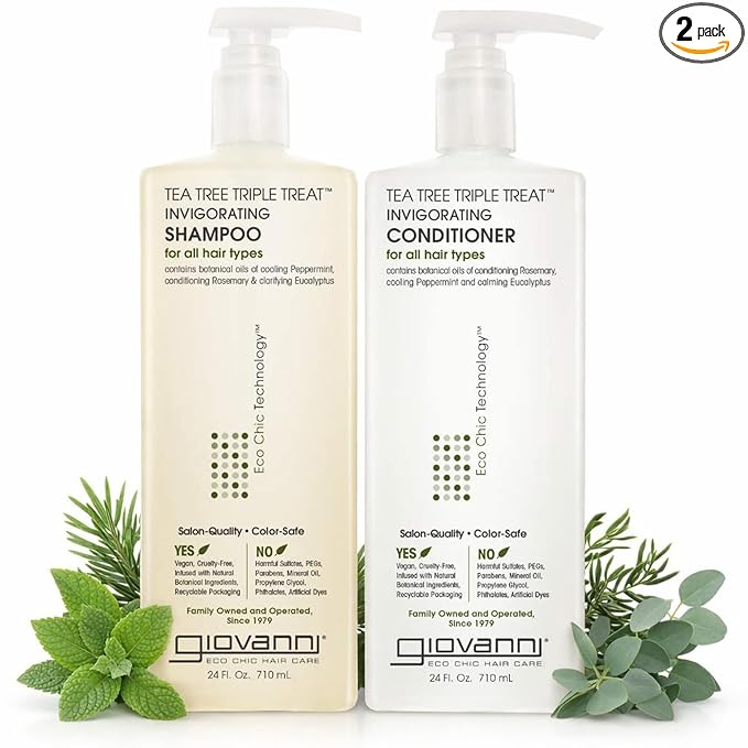 GIOVANNI Tea Tree Triple Treat Invigorating Shampoo & Conditioner Set - Cooling Peppermint, Eucalyptus, Rosemary, Helps Dry, Flaky Scalp, Salon Quality, Vegan, Cruelty Free, Paraben Free - 24 oz Each