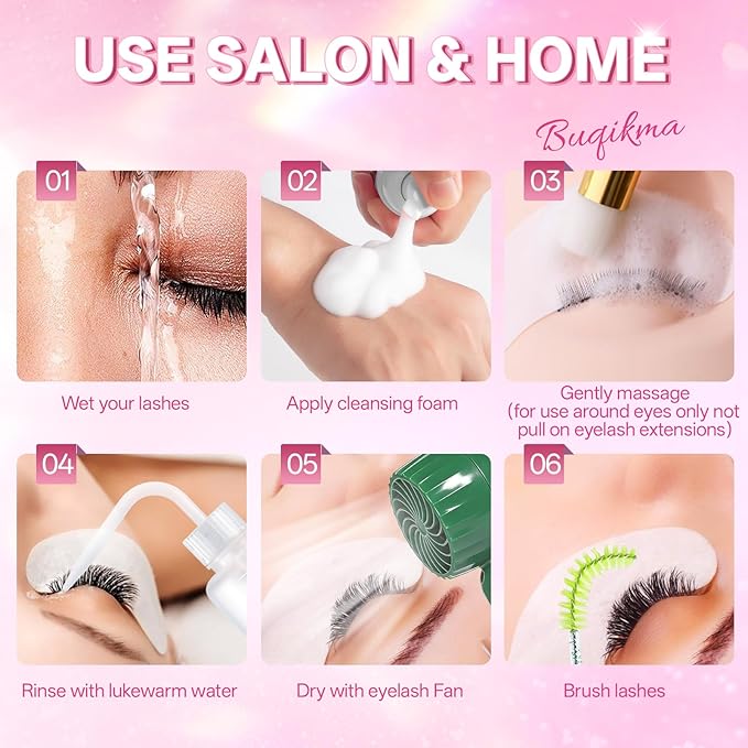 Buqikma Lash Cleaning Kit - Lash Shampoo 60ML with Rechargeable Handheld Fan Dryer, Mascara Brush, Rinse Bottle, Makeup Cleansing Foam for Eyelash Extension Care, Green