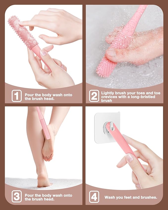 Toe Cleaning Brush,Foot Scrubber for Shower with 15.7" Long Handle Soft Silicone Cleaning Shower Brush Foot Care for Seniors,Elderly, Men and Women (Pink)