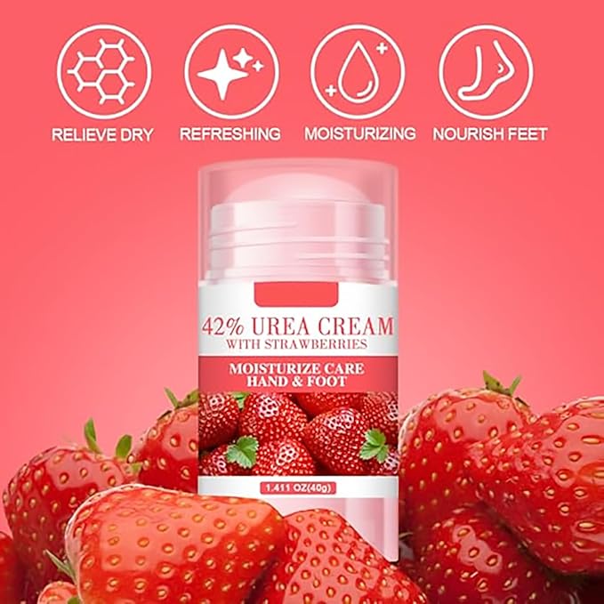 Grospe 42% Urea Cream Moisturizer plus Strawberry for Dry Cracked Feet Knees Elbows Hands Hydrates & Nourish Foot Care for Softens Exfoliates Dead Skin Smoothing Skin, 1.41Oz