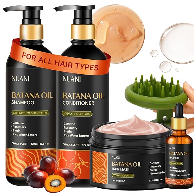 Batana Oil Shampoo and Conditioner Set (16 fl oz / 470 ml) with Rosemary & Caffeine | Includes Deep Mask, Hair Oil & Silicone Scalp Massager | Sulfate-Free, Paraben-Free for Fuller-Looking Hair.