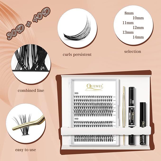 QUEWEL DIY Eyelash Extensions Kit, Lash Clusters 240 Pcs, Applicator Tool, Bond and Seal Super Hold, Glue Remover Easy to Apply at Home(30D+40D D MIX8-14)