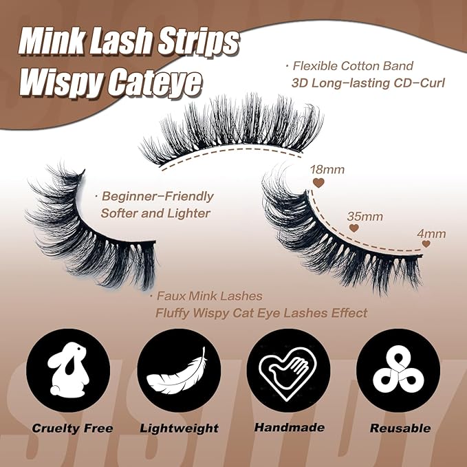 Fluffy Lashes Wispy Cat Eye Faux Mink Eyelashes C Curl 3D EyeLash Natural Look Cateye Lash Strips 16mm Long False Eyelashes Pack YH301