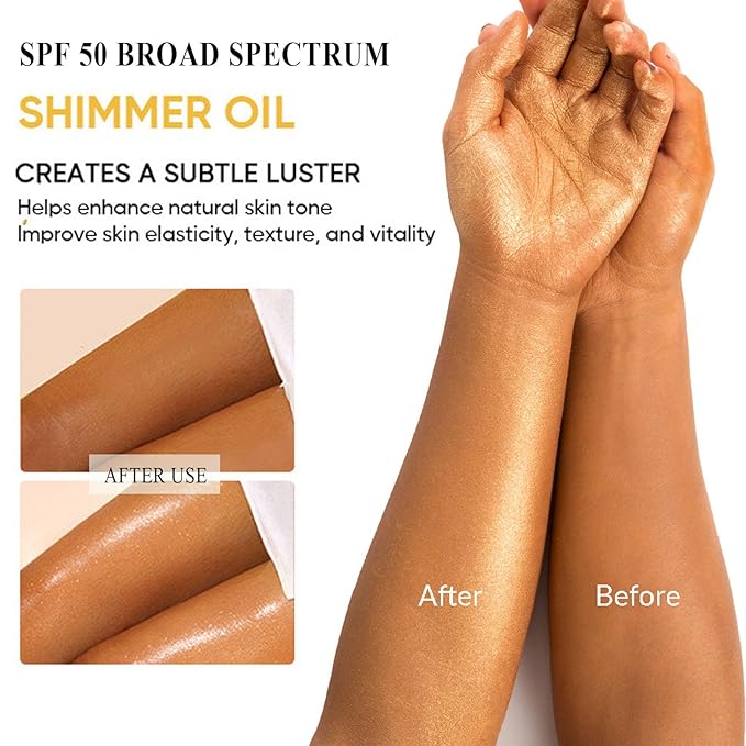 Shimmer Oil, SPF 45 Sunscreen Body Makeup Waterproof No Transfer Body Luminizer Lotion Glow for Women, Liquid Illuminator Bronzer, Long-lasting, Radiance Skin (01#Rose Gold)