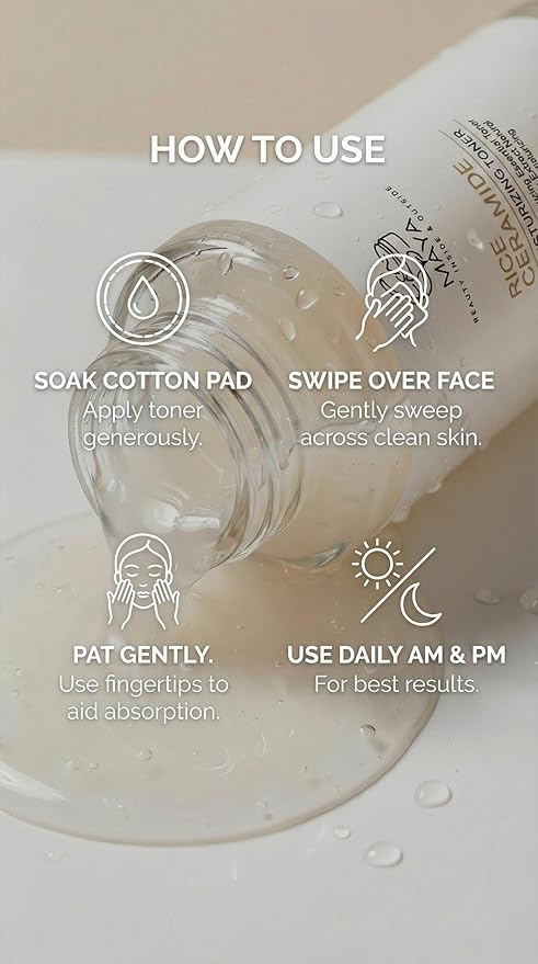 MAYA Rice Ceramide Moisturizing Toner Hydrating Face Toner with Rice Extract, Ceramide NP & Niacinamide, Brightening & Soothing Formula for Smooth, Supple Skin 120 ml