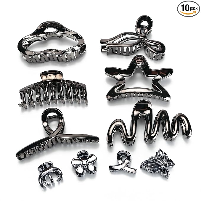 LONEEDY 10 Pack 5.1Inch Extra Large Hair Clips for Women Thick Hair and Long Hair, Silver Multi-Styles Big Claw Clips, Strong Hold Jaw Clips (Silver Black, Large)