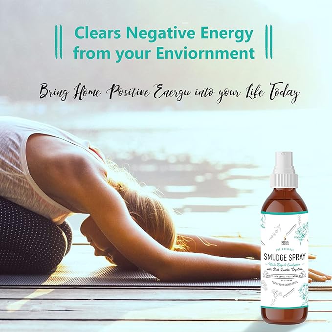 SOUL STICKS White Sage & Eucalyptus Smudge Spray – 3.5oz Smokeless Energy Mist with Quartz Crystals – Essential Oil Spray for Focus, Clarity, Aura Cleansing, Meditation, and Home Refreshing