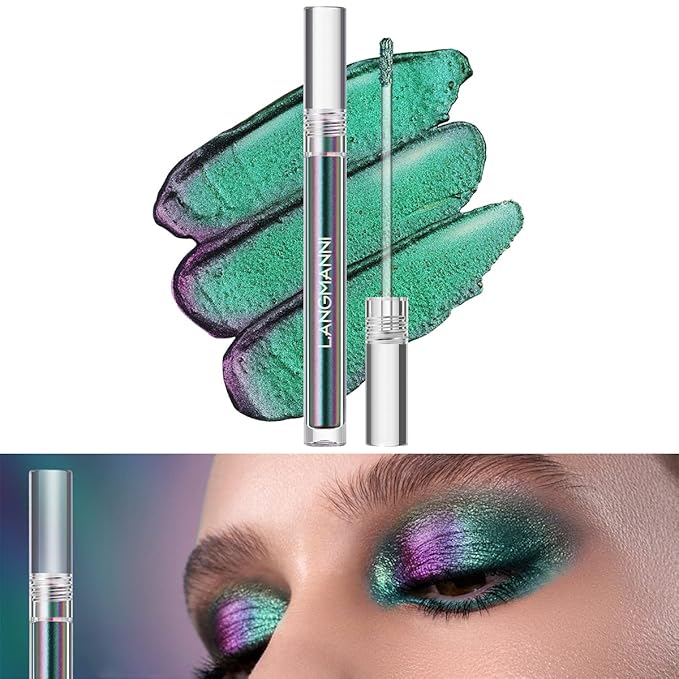 Metallic Liquid Chameleon Eyeshadow, Multi-Dimensional Eye Looks, Long-lasting Holographic Glitter Multichrome Eyeshadows Makeup (#Peacock+#GX002)