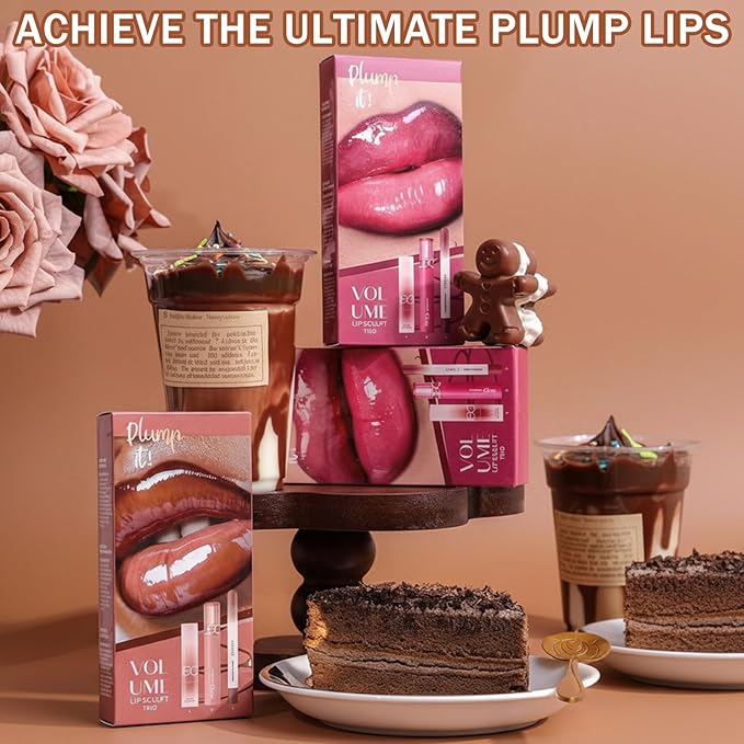 3PCS Lip Combo Set — Matte Lip Liner Pencil, Hydrating Tint Lipstick & Shine Gloss, Non-Sticky Long-Lasting Plumping Lip Makeup Kit for Women, Volume Sculpt Trio, 03