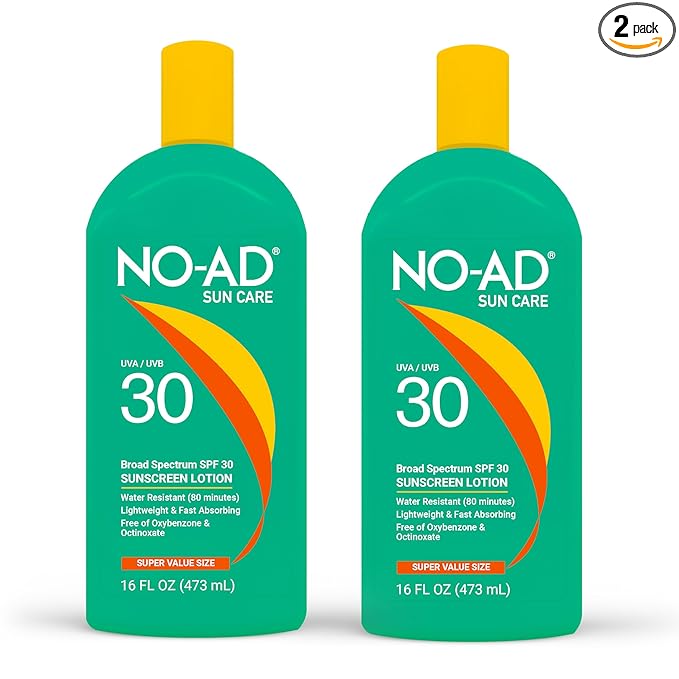 NO-AD SPF 30 Sunscreen Lotion | Broad Spectrum UVA/UVB Protection | Water Resistant | Octinoxate & Oxybenzone Free with moisturizing Vitamin E and Aloe 16oz | Pack of 2