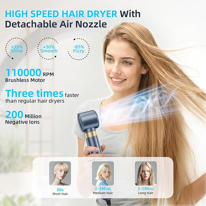 6-in-1 Hot Air Styler & Blow Dryer Brush, Ionic Hair Dryer Volumizer, Multi-Function with Interchangeable Attachments for Curling, Straightening & Fast Drying, Ideal Gift for Women(Gemstone Blue)