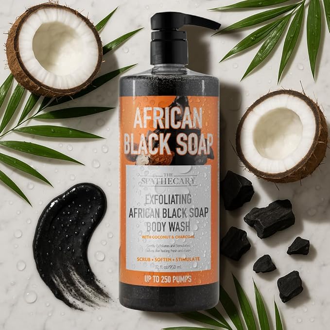 African Black Soap Exfoliating Body Wash with Coconut and Charcoal, Scrub, Soften, Stimulate, 32 oz
