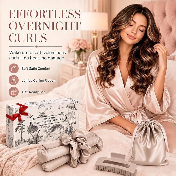 EnteromMuse Heatless Curls Overnight Satin Curling Set No Heat Hair Curler for Long & Short Hair, Heatless Curling Rod&Rollers for Soft Bouncy Curls Complete Kit with Storage Bag(Beige, Original)
