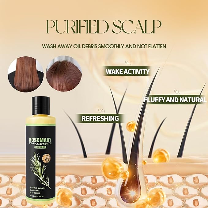 Rosemary Hair Growth Shampoo for Thinning Hair for Women and Men, Rosemary Hydrolyzed Keratin Shampoo Strengthens Hair Strands, Gentle and Silicone-free for All Hair Types 7.76 fl.oz