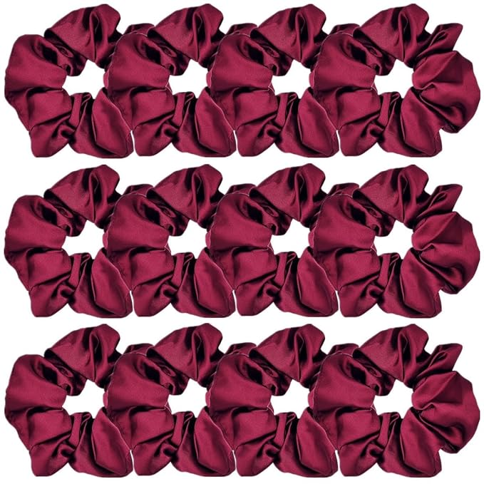 12 Pcs Satin Silk Scrunchies Soft Hair Ties, Fashion Hair Bands, Bows, Ropes, Elastic Ponytail Holders, Hair Accessories for Women and Girls (4.3 Inch, Wine Red)