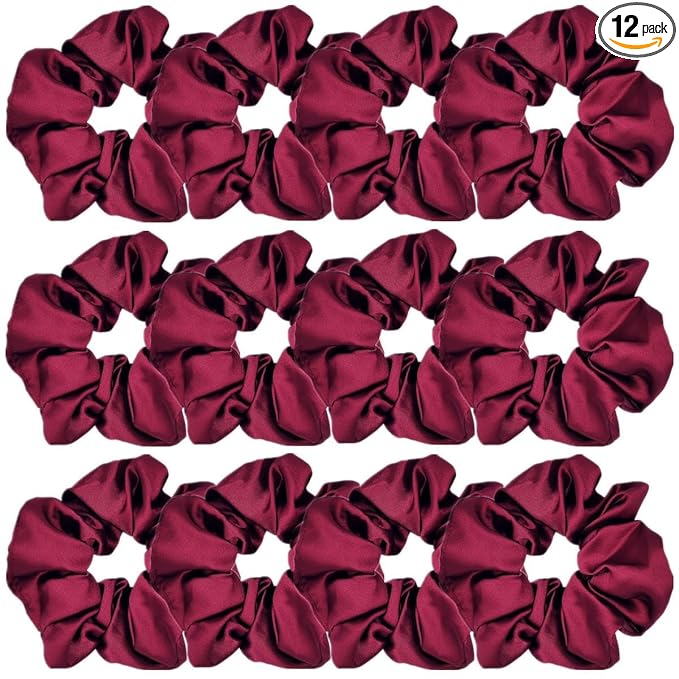 12 Pcs Satin Silk Scrunchies Soft Hair Ties, Fashion Hair Bands, Bows, Ropes, Elastic Ponytail Holders, Hair Accessories for Women and Girls (4.3 Inch, Wine Red)