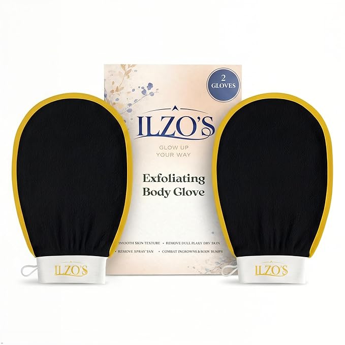 ILZO’S Original Exfoliating Mitt for Body (2 Pack) – Deep Exfoliating Glove for Dead Skin Removal, Korean Viscose Body Scrub Mitt for Smooth Skin, Helps Ingrown Hair & Keratosis Pilaris (BLACK)