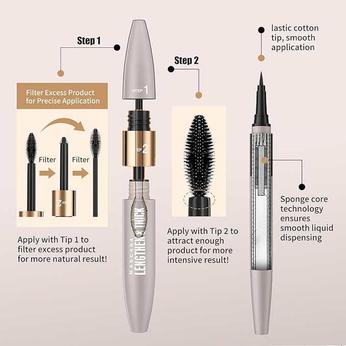 DUDUDU Waterproof Mascara and Eyeliner Set, 2-in-1 Black Volumizing and Lengthening Mascara for Lash Extension, Ideal Mascara for Older Women, 24HR Long Lasting Smudge-Proof Eye Makeup Kit