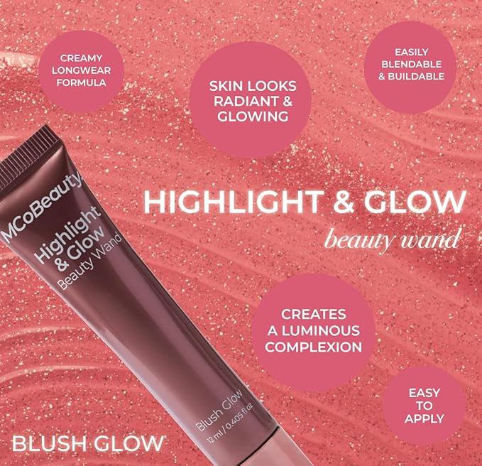 MCoBeauty - Highlight and Glow Beauty Wand - Buildable Liquid Highlighter - Blush Glow Shade - Liquid Cream with Cushion Applicator for Soft, Radiant Finish - Highlighters Makeup