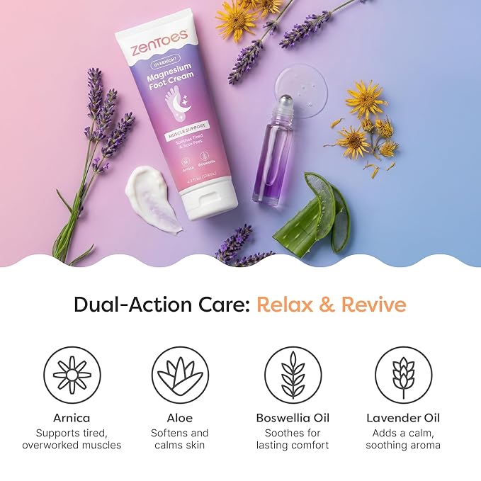ZenToes Magnesium Cream with Arnica | Relaxation Support & Moisturizing Foot Cream for Legs & Calves | Magnesium Lotion for Feet & Sleep Support | Relaxing Nighttime Foot Balm | 4.2oz, Pack of 3