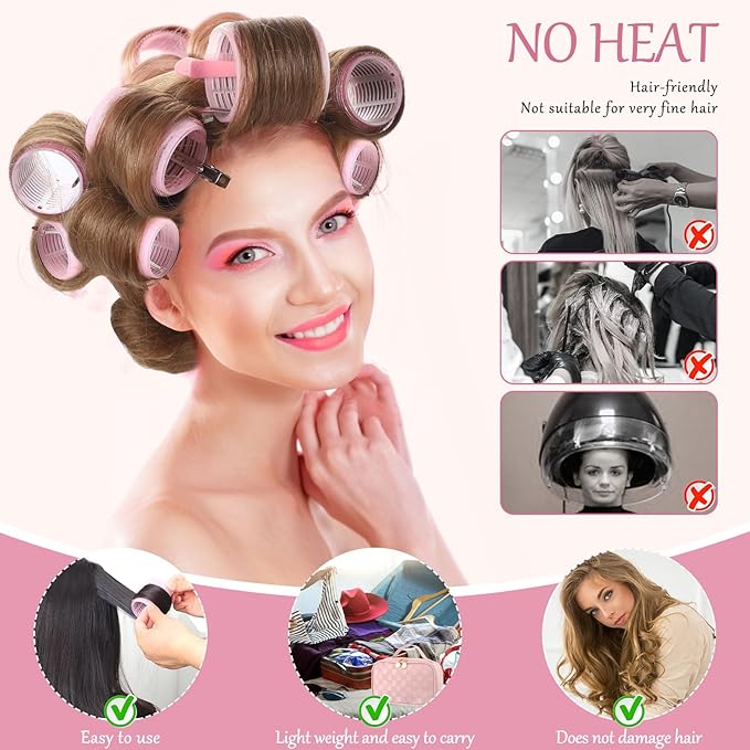 Obeoby 4 Sizes Hair Rollers with Gift Makeup Bag, Pink Rollers Hair Curlers for Long, Short Hair and Bangs Women Girls, Birthday Mothers Day Gifts