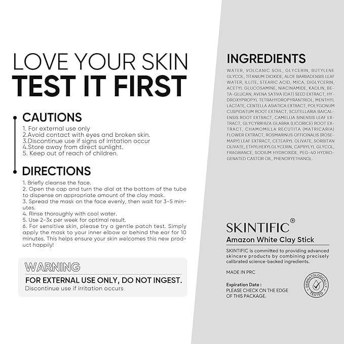 SKINTIFIC Amazonian White Clay Purifying Stick, Deep Clean Pores Mud Mask with Volcanic Soil, Pore Minimizer, Gentle Exfoliating, Refines Pores, Smoothing Skin, Non-Drying, Skincare Facial Mask