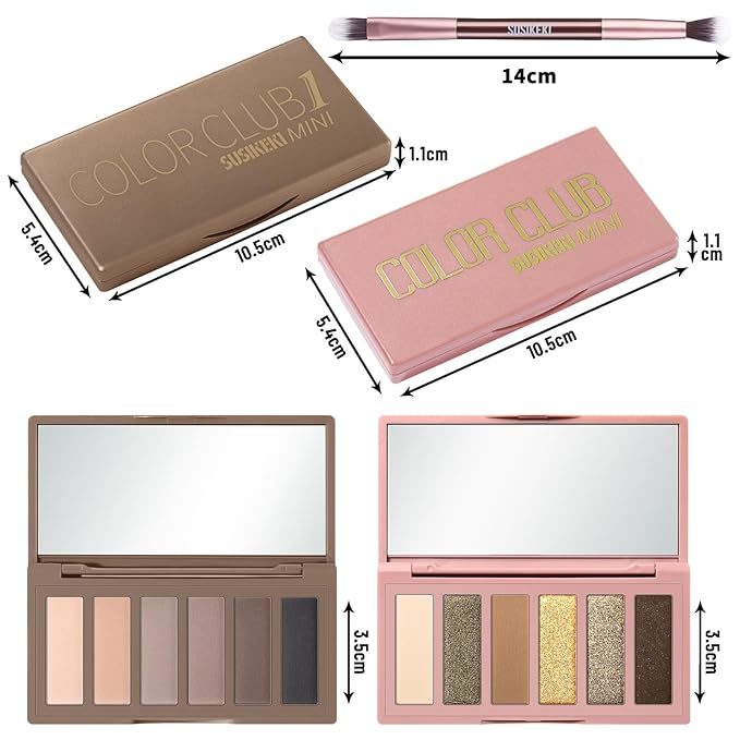 SUSIKEKI 2PCS 6 Colors Mini Eyeshadow Palette Makeup with Brush Set Neutral Nude Eye Shadow Brown & Olive-colored Matte Shimmer Make Up Pallet with Mirror Highly Pigmented Travel Size Gift Kit