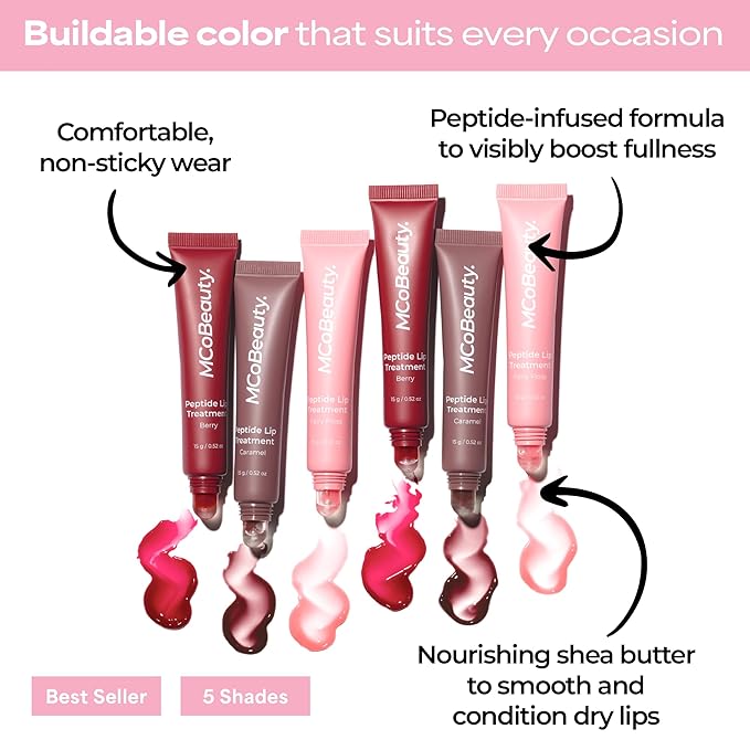 MCoBeauty Peptide Lip Treatment Fairy Floss - Sheer Pink Tinted Plumping Balm Gloss - Hydrating Cream Oil Formula with Shea Butter & Peptides for Soft Plump Lips - Vegan & Cruelty Free