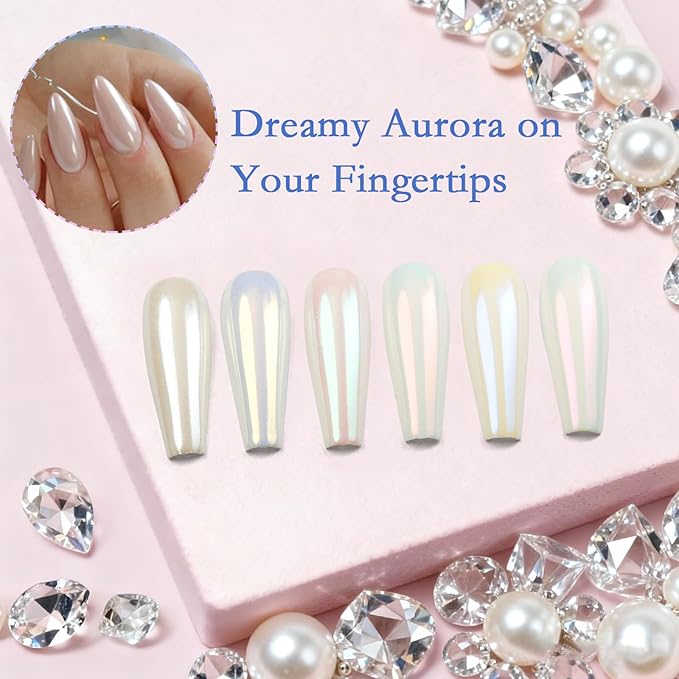 16 Jars Chrome Nail Powder Nail Art Glitter Decoration Metallic Mirror Effect Holographic Aurora Pearl Mermaid White Pigment Powder Kit for Resin Craft Nail Art - Aurora Phantom