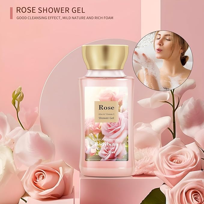 Mother's Day Rose Spa Gift Set - 3PCS Luxury Bath and Body Kit for Women with Shower Gel, Body Lotion & Body Mist - Portable Travel Size Self Care Gift for Mom, Wife, or Her