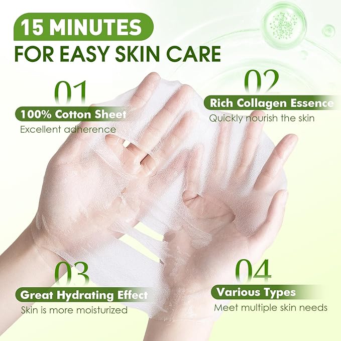 KONEUK 72 Pack Bulk Hydrating Face Masks Skincare, Collagen Sheet Face Mask for Dry, Oily Skin, Spa Gifts for Women Skin Care, Mothers Day Gifts, Nurses Week Gifts, Birthday Gifts (9 Types x 8 Pcs)