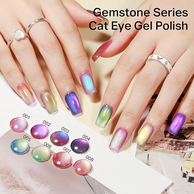 MIZHSE Cat Eye Gel Nail Polish, Gemstone Series Magnetic Gel Polish Set with Magnet Stick, Colorful Crystal Glassy Cateye Effect Soak Off Nail Art Gift for Women