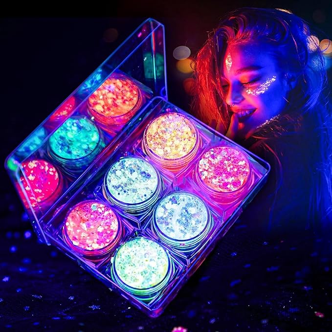 Glow in The Dark Body Face Glitter Gel for Women, 6 Colors Glitter Gel Makeup Chunky Fine Glitter, UV Black Light Accessories for Body/Face/Hair/Eyeshadow, Carnival Party(Not Loose Glitter)