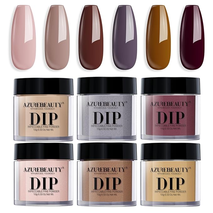 AZUREBEAUTY Dip Powder Nail Set, Fall Nude Dark Brown Purple Gary Natural 6 Colors Dipping Powder Starter Kit, French Nail Art Manicure DIY Salon, No Need Nail Lamp Cured