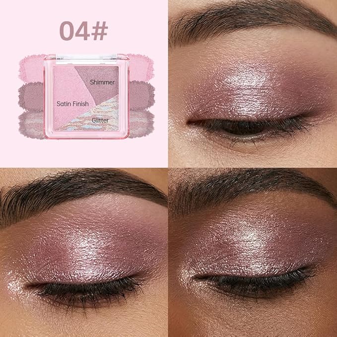Pink Purple Shimmer Baked Eyeshadow Palette, 3 Color High Pigment Blendable Eye Shadow Makeup for Older Women, Travel Mini Palette Suitable for All Eye Shapes, Vegan & Cruelty-Free Soft Glam Look 04#