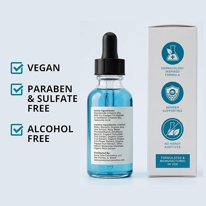 Jeune Jolie GHK-Cu Copper Peptide Serum for Face - Advanced Anti-Aging Formula with 2% Niacinamide & B5 - Firms Skin, Boosts Collagen, Smooths Wrinkles & Pores - Hydrating 1oz