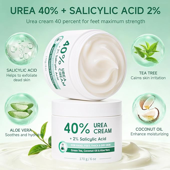 40% Urea Cream for Feet Maximum Strength, Foot Cream for Dry Cracked Heels, Callus Remover with 2% Salicylic Acid, Moisturizer for Hands Elbows Knees Rough Skin, 3 Packs