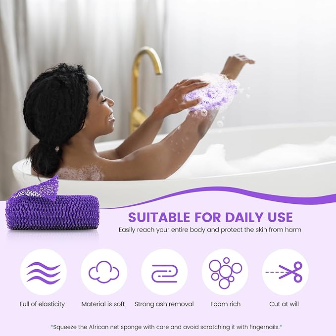ZOCY African Net Sponge, Authentic Exfoliating Body Scrubber for Bath and Shower, Multiple Textures with Gentle Deep Exfoliating and Rich Lather for All Skins (Purple)