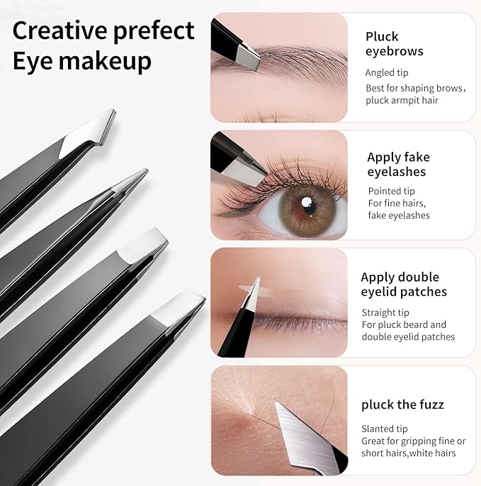 MSQ Tweezers Set with Travel Bag, 4Pcs Professional Stainless Steel Tweezers for Eyebrows，Great Precision for Women & Men Facial Hair, Ingrown Hair Removal