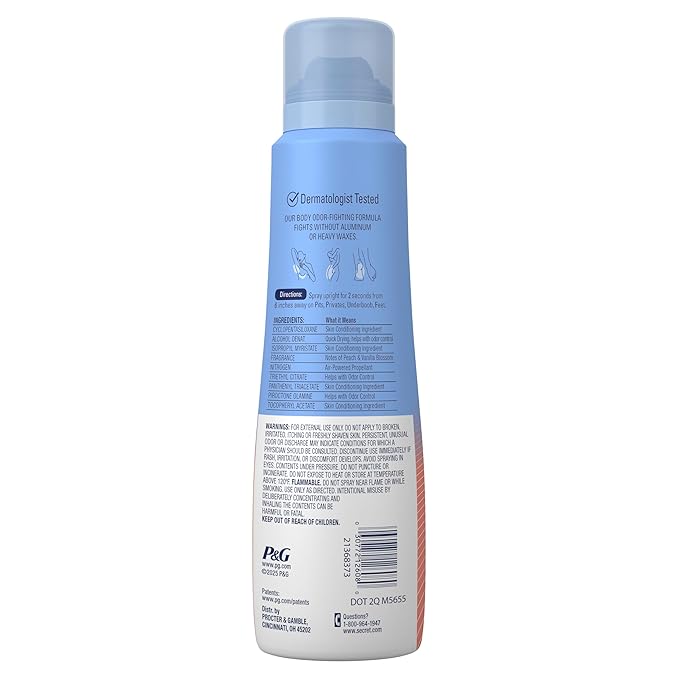 Secret Aluminum Free Whole Body Deodorant Spray for Women, 72hr Sensitive Freshness & Odor Defense, PH Balanced, Invisible Protection, Safe to Use Everywhere, Peach & Vanilla Blossom Scent, 3.5 oz
