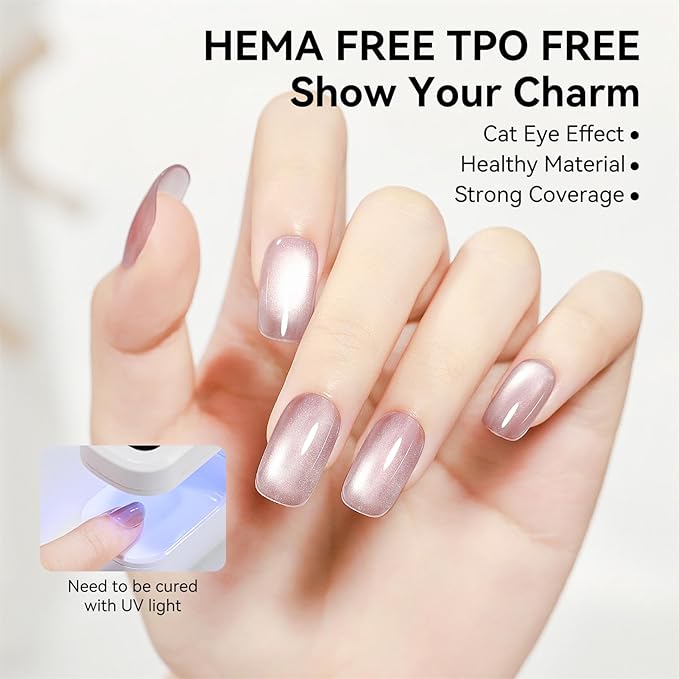 One Step Gel Polish 3-in-1, Pink Cat Eye Gel Nail Polish With Magnet, HEMA TPO Free Shimmer Magnetic Cateye Gel Polish Soak Off UV Nail Art Design Manicure DIY 12ml