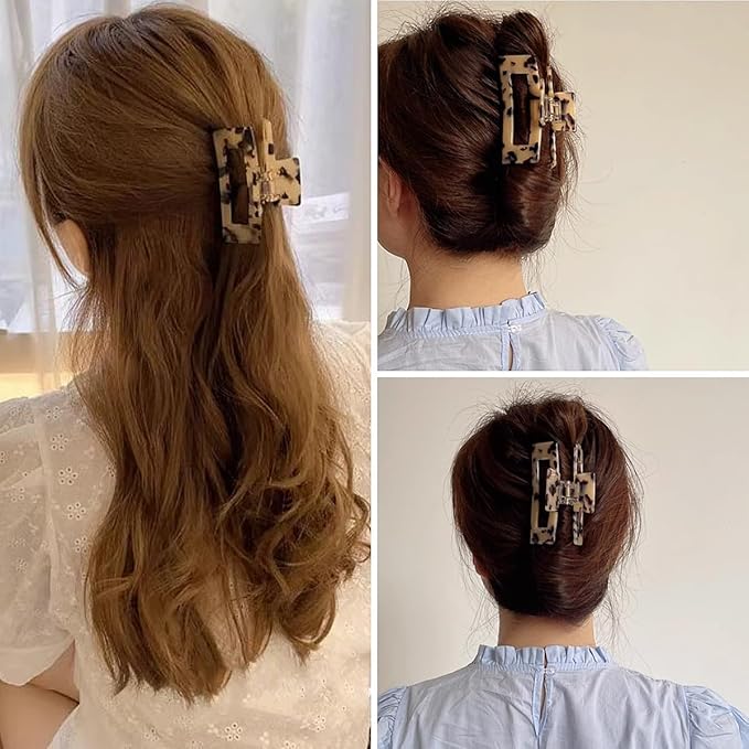 3 inch Hair Claw Clips Cutout Tortoise Shell Celluloid Hair Jaw Clips French Design Rectangle Hair Clamp for Women Ladies Mother (2 Pack)