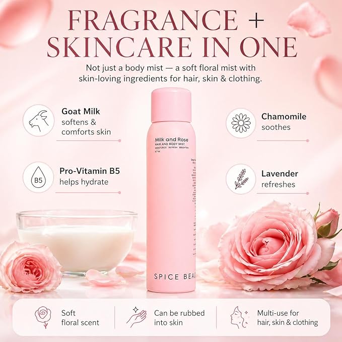 Milk & Rose Hair & Body Mist | Hydrating Floral Mist for Hair, Skin & Clothing | Rose, Goat Milk & Skin-Loving Ingredients | 6.7 oz